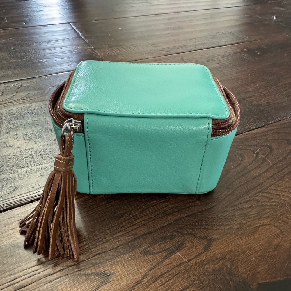 Teal Leather Jewelry Case with Brown Tassel and Accents